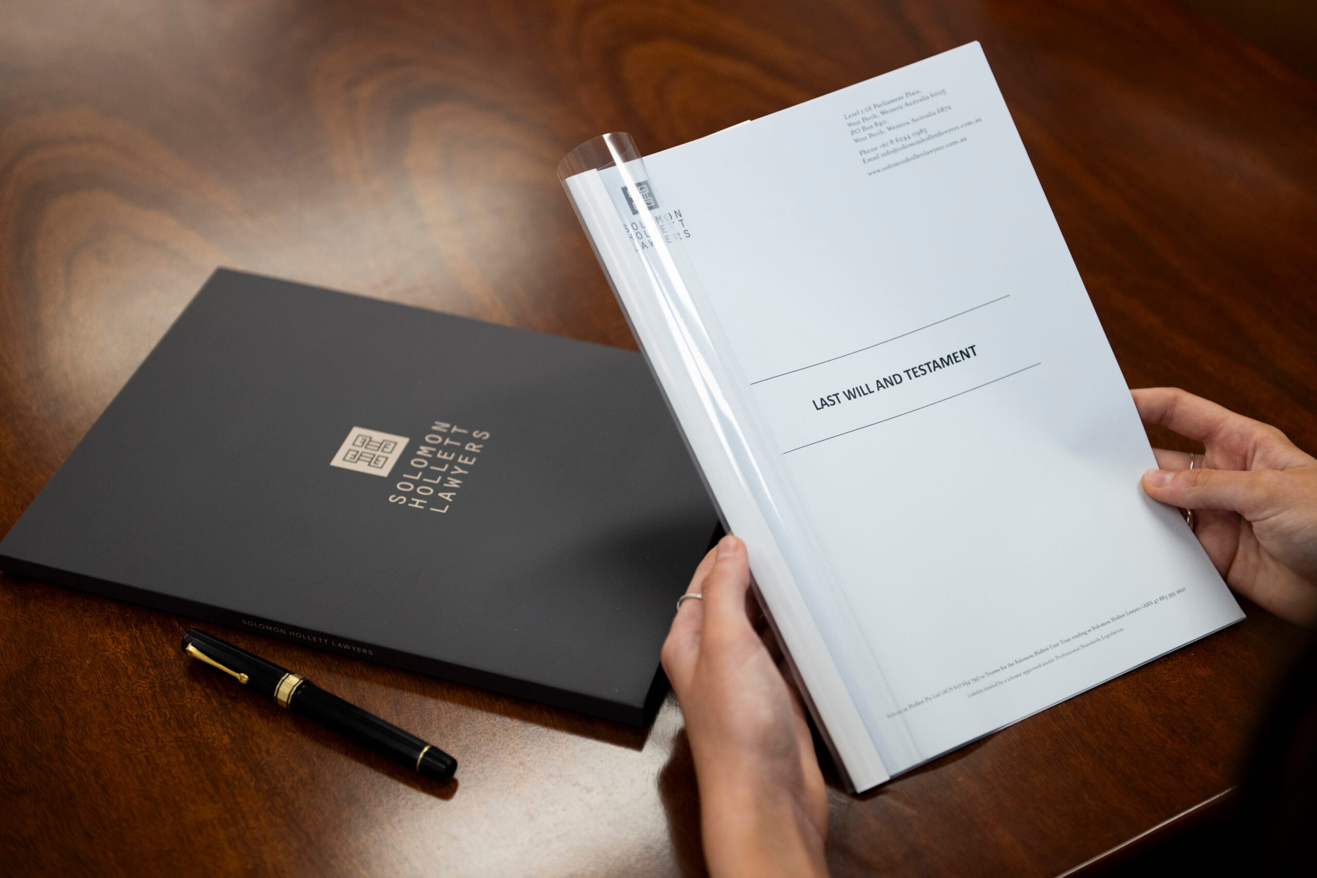 Professionally prepared Will and estate planning documents by Solomon Hollett Lawyers, showcasing secure legal documentation for Perth clients.]